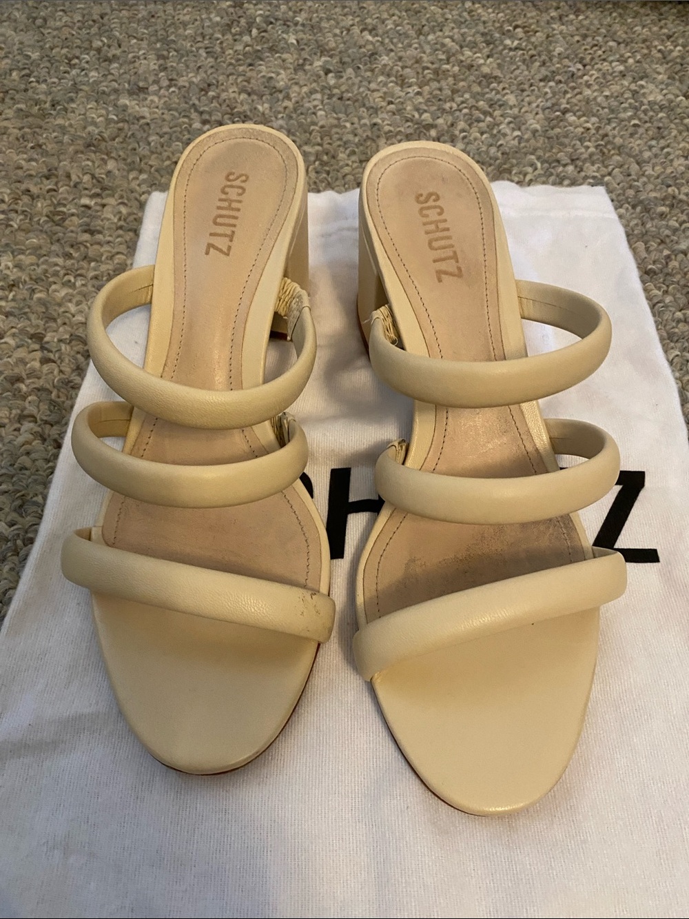 SCHUTZ Beige Triple-Strap Block Heel Mules